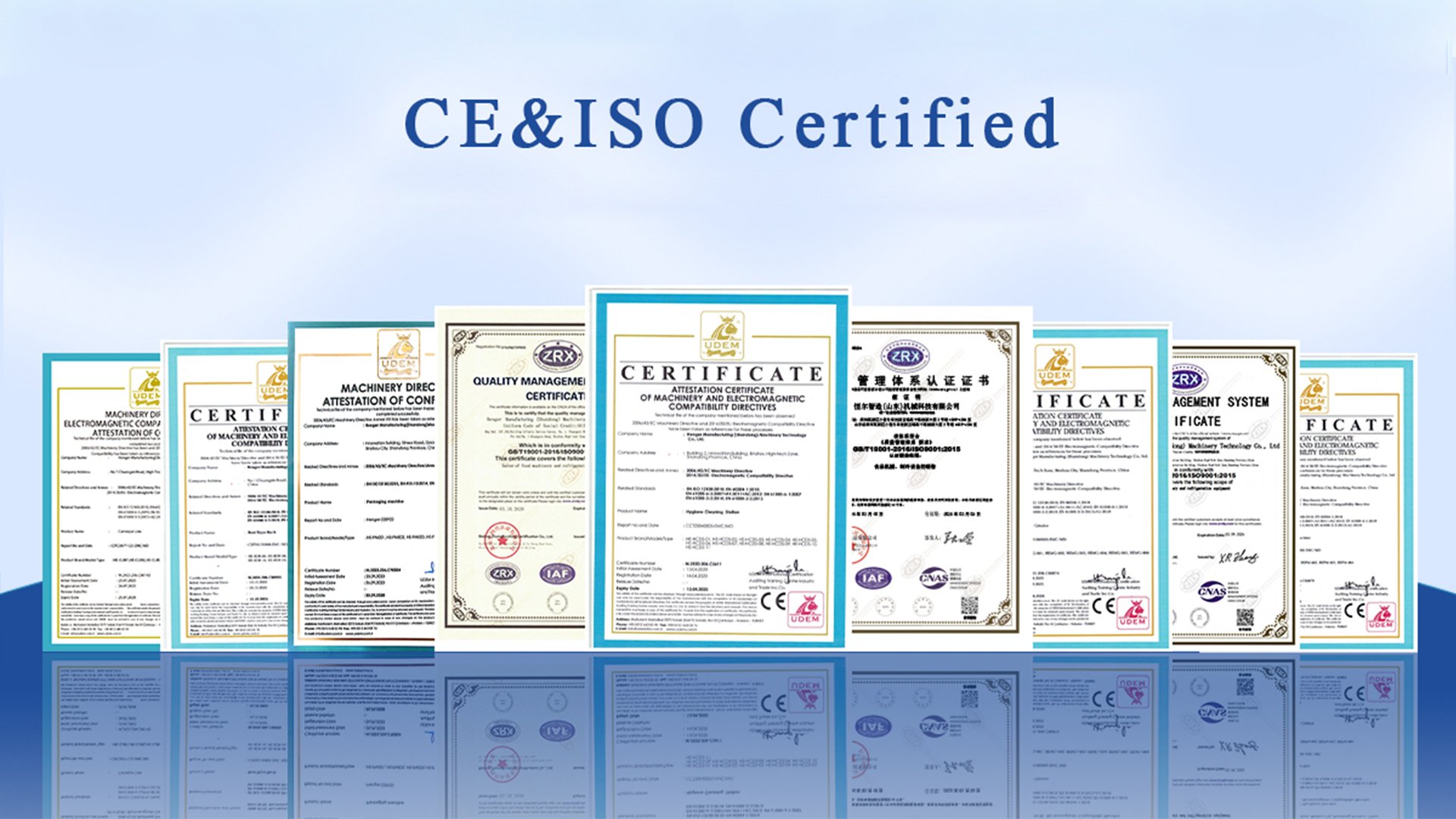 Документы Henger Global, подтверждающие соответствие стандартам CE, ISO и SGS для оборудования мясоперерабатывающей промышленности.